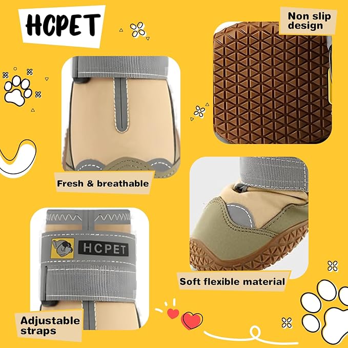 Hcpet Dog Shoes for Large Dogs, Waterproof Dog Booties for Small Medium Dogs, Anti-Slip Dog Boots & Paw Protectors for Hot Pavement Winter Snow Hiking with Reflective Straps Khaki Size 1