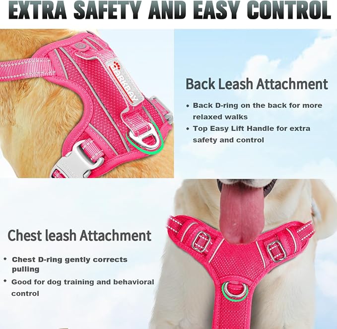 BARKBAY No Pull Dog Harness Large Reflective Dog Harness with Front Clip and Easy Control Handle for Walking Training Running with ID tag Pocket(Pink,XS)