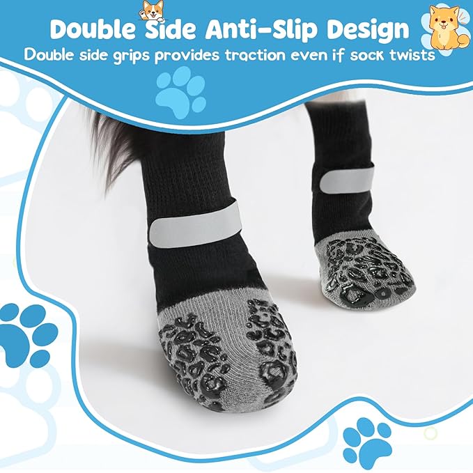 HeavenEye Dog Socks for Hardwood Floors, Anti Slip Dog Paw Protectors Shoes, Maximum Grip Prevent Licking Paws Slipping Hot Cold Pavement Boots for Small Medium Large Senior Dogs(Black Leopard, S)