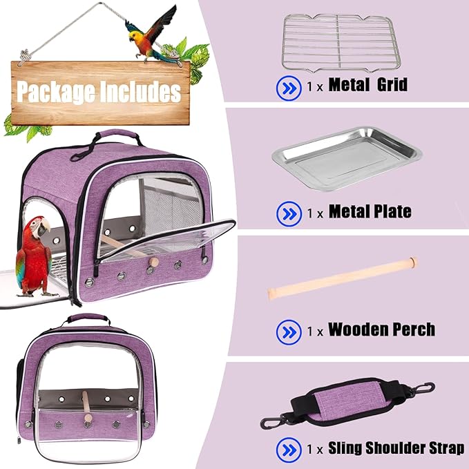 halinfer Bird Travel Carrier Cage for Large Size Parrot, Portable Bag with Metal Tray and Grid to Carry and Transport Medium and Large Birds Like African Grey, Long Tail Cockatiel and Parrot