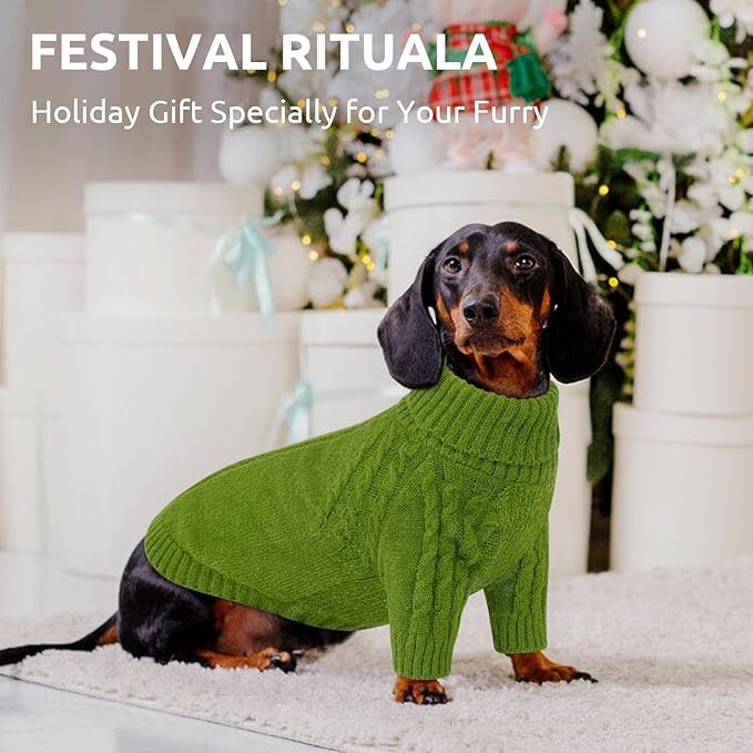 Queenmore Dog Sweaters for Small Dogs, Long Sleeve Doggie Sweater with High Neck, Soft Comfortable Pet Pullover with Patterns, Christmas Warm Dog Kintsweater for Chihuahua Yorkie Pomeranian (Green,S)