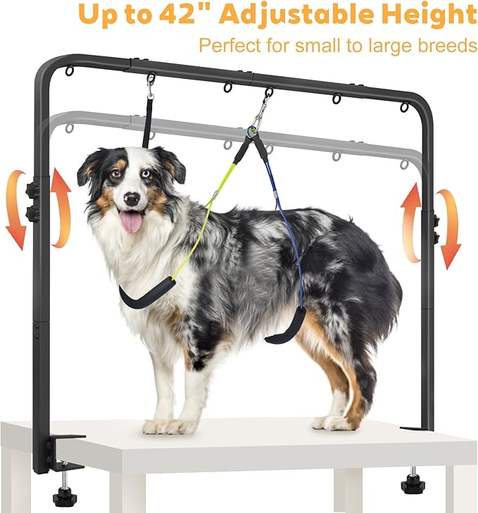 Dog Grooming Arm, Adjustable Pet Grooming Arm with Clamp for Small and Medium Dogs,Grooming Loop and No Sit Haunch Holder (Black, 42.5" H U-Shape Arm + Heavy Duty Clamp)