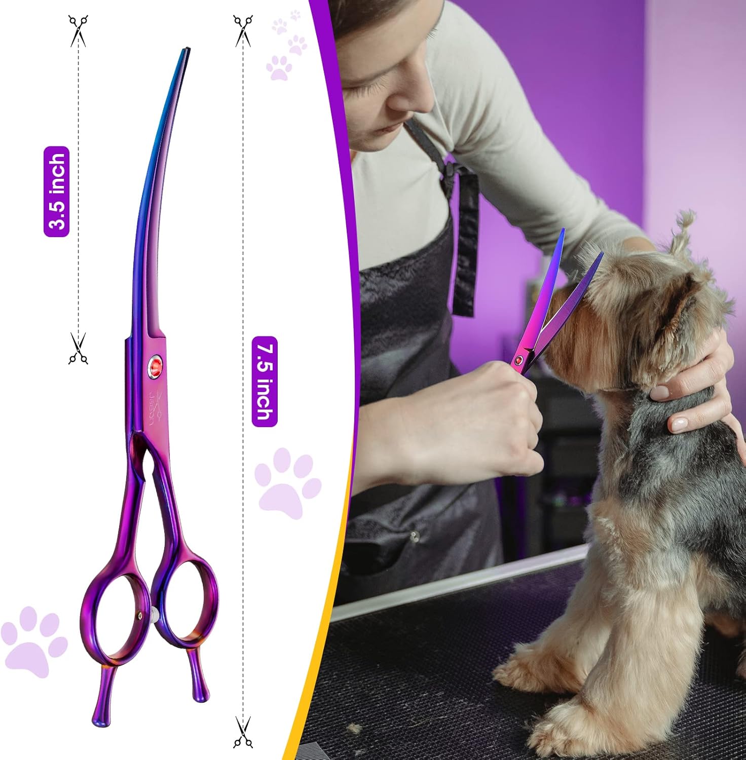 JASON Curved Shears for Dogs - 7.5" Pet Grooming Scissors with Ergonomic Handle Japanese Stainless Steel Trimming Scissor for Dogs, Cats and Other Pets, Sharp (Up-Curved, Purple)