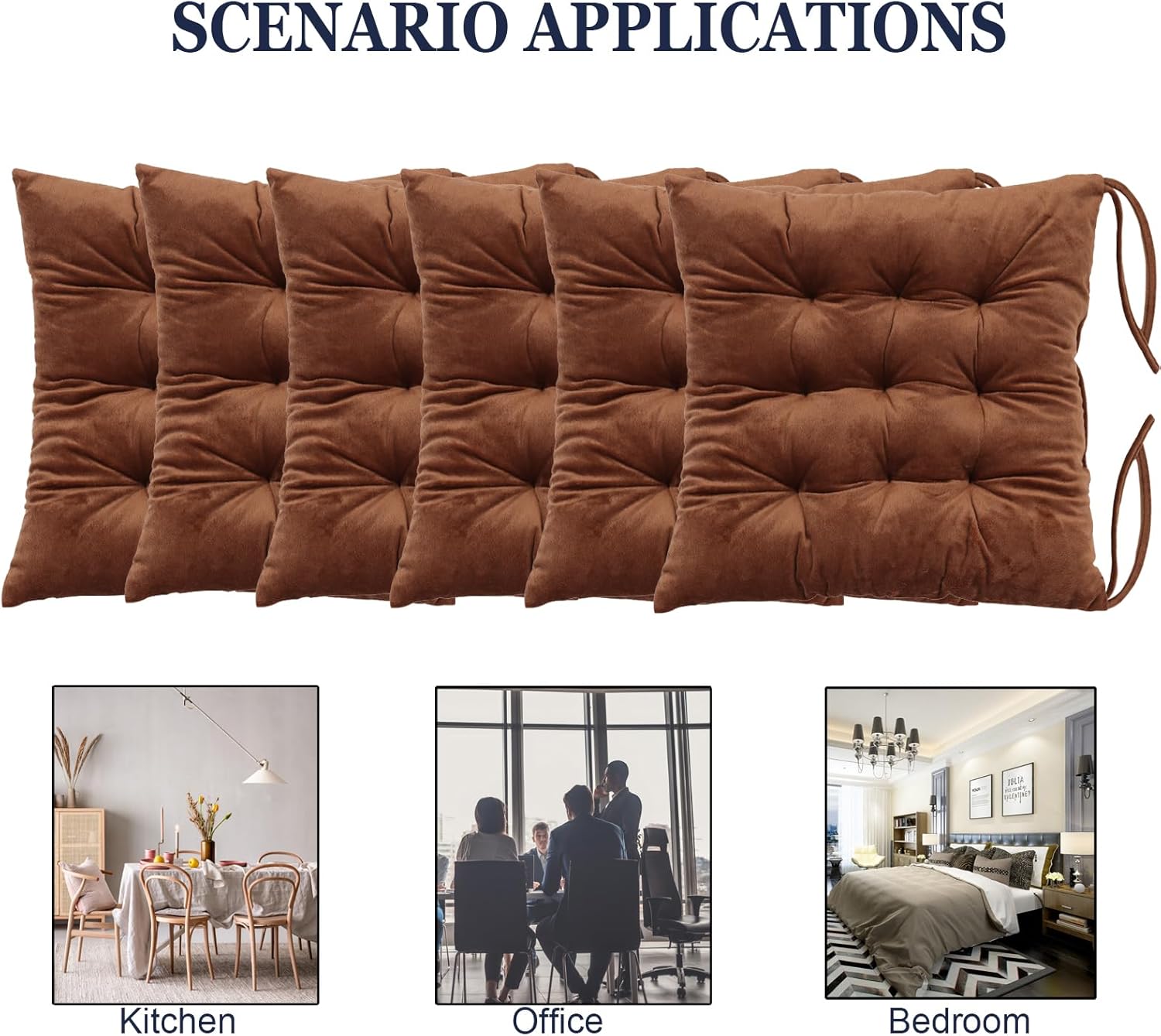 6 Pack Square Seat Cushion Chair Pads for Kitchen Dining Chairs, Soft Comfort Velvet Chair Mat Pillow Cushions with Ties for Office Desk Living Room Tatami 15.5", Coffee