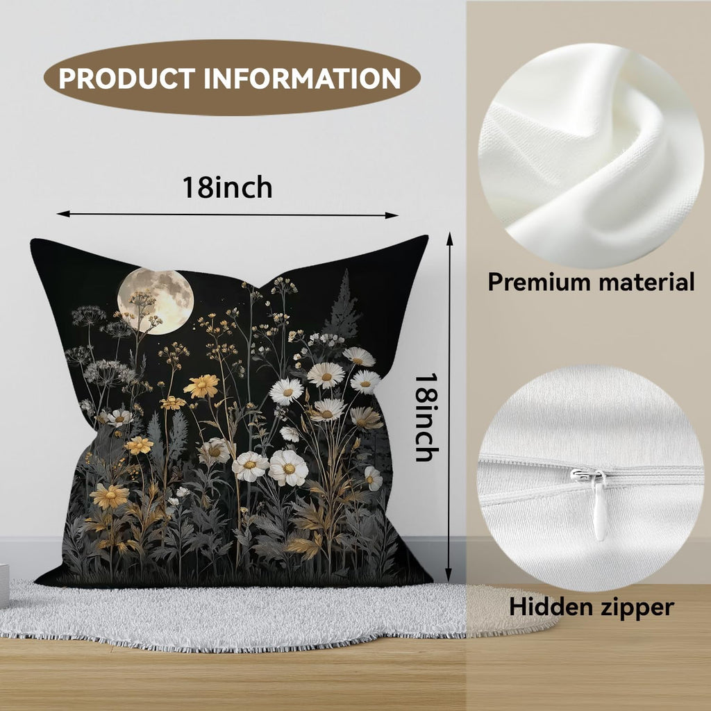 Bohemian Pillow Covers | Vintage Floral & Carpet Design | Double Sided Blue White Decorative Pillowcases for Couch, Bed | Indoor Outdoor Boho Home Decor (Moon, 18x18inches)