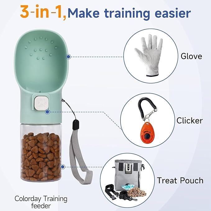 Colorday Handheld Dog Treat Dispenser Built-in Clicker & Treat Pouch, Hand Feeder for Puppy Training Walking Hiking Traveling (6.7 OZ, Green)