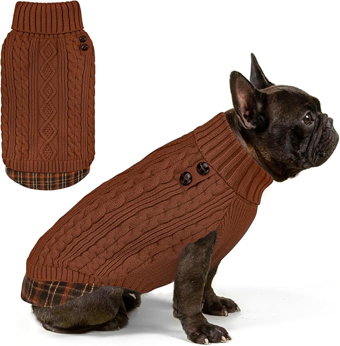 KYEESE Dog Sweater Comfy Pet Coat for Fall Winter Cold Weather Soft Pullover Dog Sweaters for Small Dogs Male Warm Turtleneck Small Dogs Sweater Stretchy Knitwear Cat Clothes with Gingham Patchwork