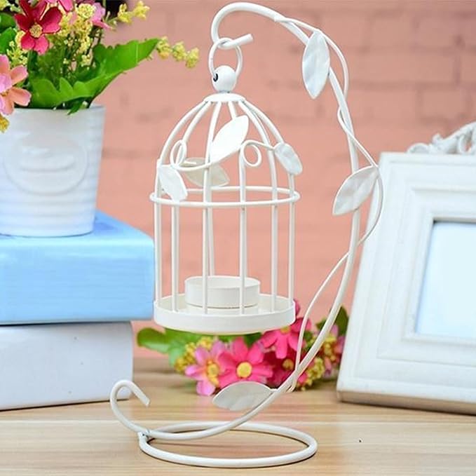 Birdcage Candle Holder, Hanging Candle Holder Decorative Bird Cages Bird Cage Decor Vintage Metal Candlestick for Wedding, Party(White)