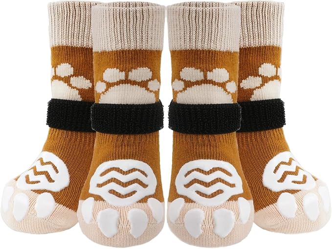 PUPTECK Anti Slip Dog Socks 2 Pairs with Double Grippers for Hardwood Floors, Shoes for Hot/Cold Pavement, Boots & Paws Protectors to Prevent Licking, Traction Booties for Senior Small Large Dogs