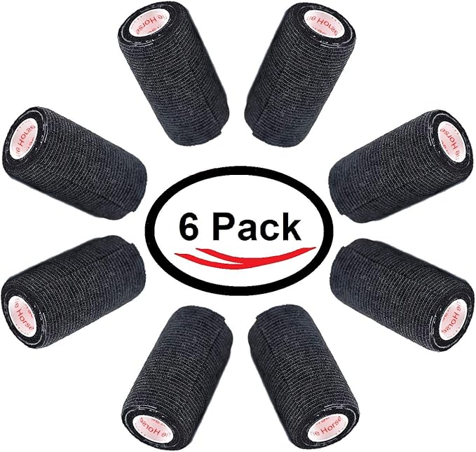 4 Inch Vet Wrap Tape Bulk (Black) (Pack of 6) Self Adhesive Adherent Adhering Flex Bandage Grip Roll for Dog Cat Pet Horse