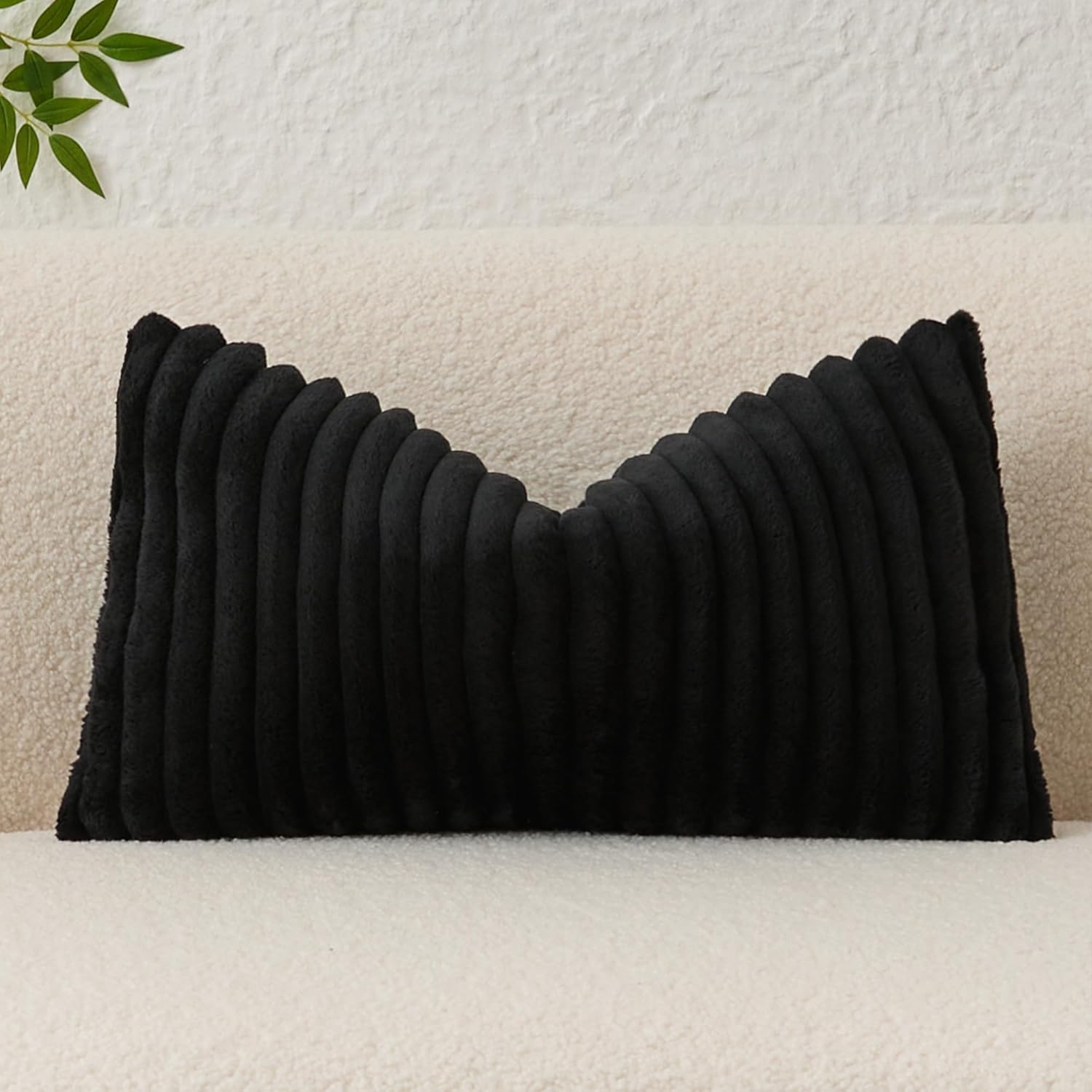 Kevin Textile Soft Plush 14x24 Inch Lumbar Pillow Cover 1 Pack, Luxury Fluffy Faux Fur Striped Flannel Rectangle Cushion Case for Couch Sofa Chair Bed Home Decor, Black