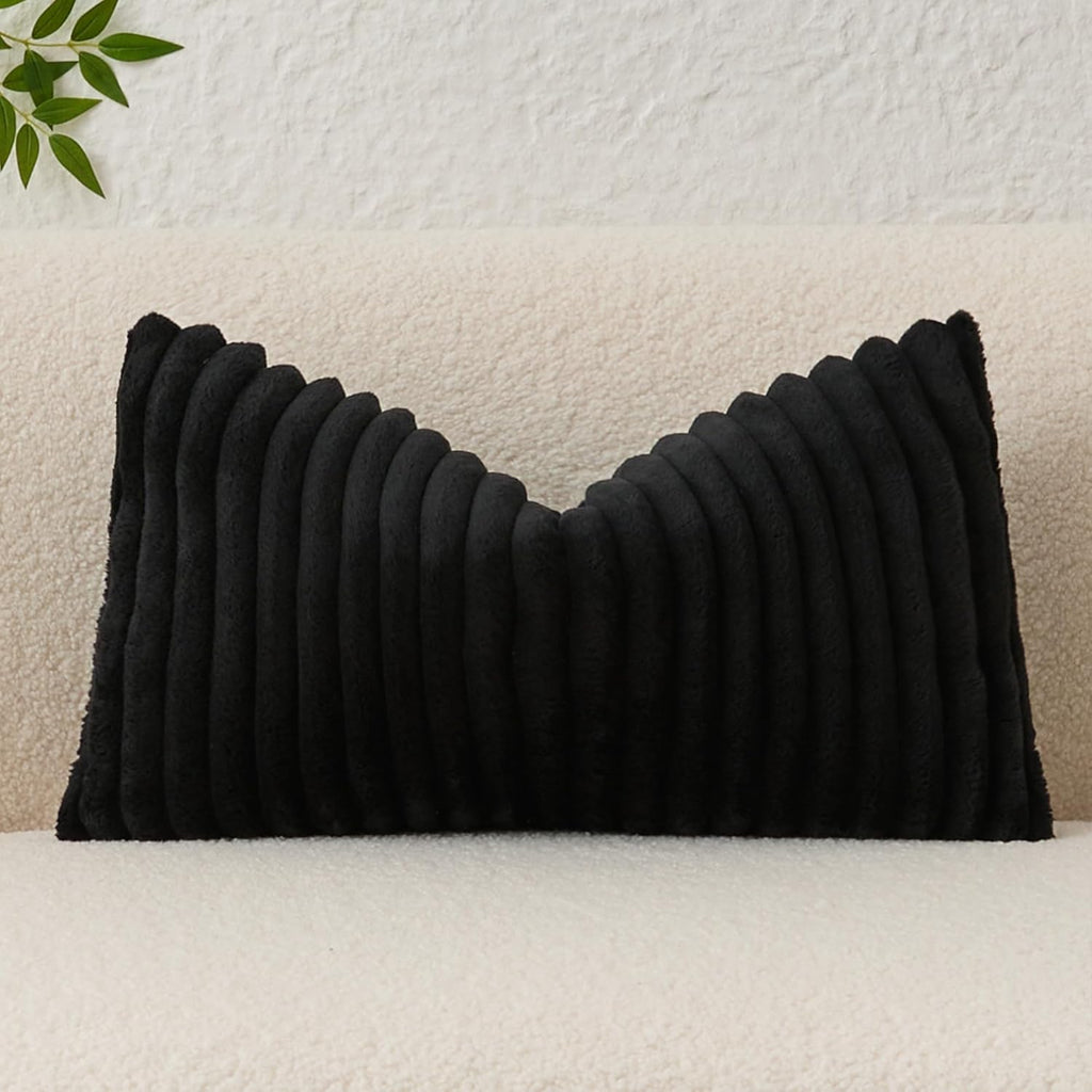 Kevin Textile Soft Plush 12x20 Inch Lumbar Pillow Cover 1 Pack, Luxury Fluffy Faux Fur Striped Flannel Rectangle Cushion Case for Couch Sofa Chair Bed Home Decor, Black
