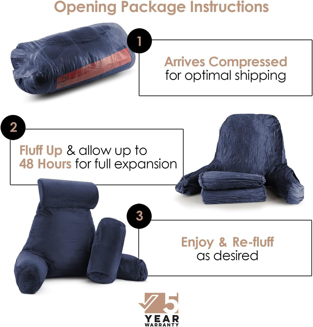 Nestl Reading Pillow with Shredded Memory Foam Includes 2 Neck and Lumber Support Pillows, Designed for Sitting Up in Bed and Couch, Back and Arms Adjustable Support for Adult & Teens, Navy Blue