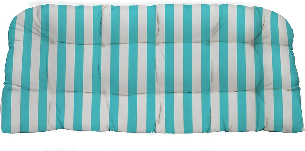 RSH DECOR: Tufted Wicker Loveseat Cushion | 41” x 19" | All-Weather Spun Fabric | Water and Fade-Resistant | Outdoor Settee Cushion for Patio Furniture | Cancun & White Stripe