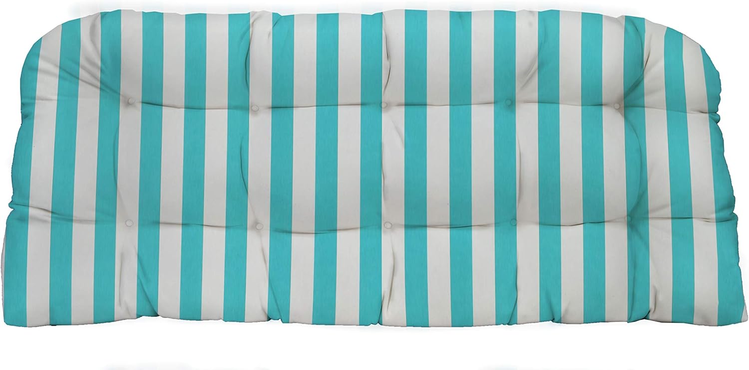 RSH DECOR: Tufted Wicker Loveseat Cushion | 41” x 19" | All-Weather Spun Fabric | Water and Fade-Resistant | Outdoor Settee Cushion for Patio Furniture | Cancun & White Stripe