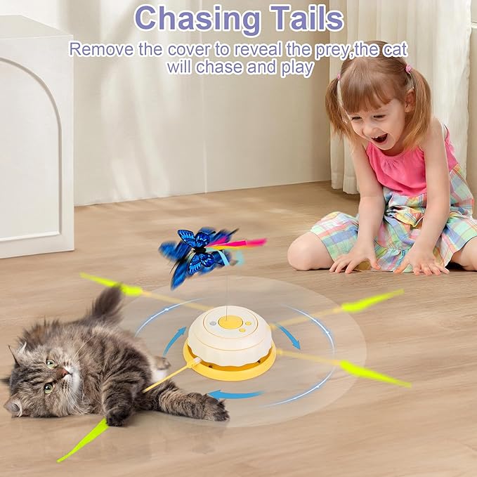 Wn's Day Rechargeable Cat Toys,Hide and Seek Game Interactive Cat Toys for Indoor Cats,Moving Wand Feather Cat Stimulation Toys,Touch Activated Cat Enrichment Toys for Bored Indoor Adult Cats(Yellow)