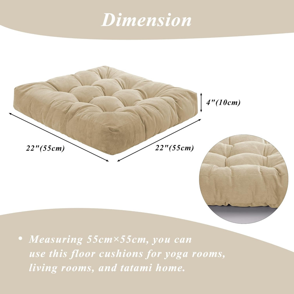 Meditation Floor Pillow 22×22 Inch 2 Pack Large Floor Cushions for Adults Square Tufted Corduroy Floor Pillows for Yoga Living Tatami Room Beige
