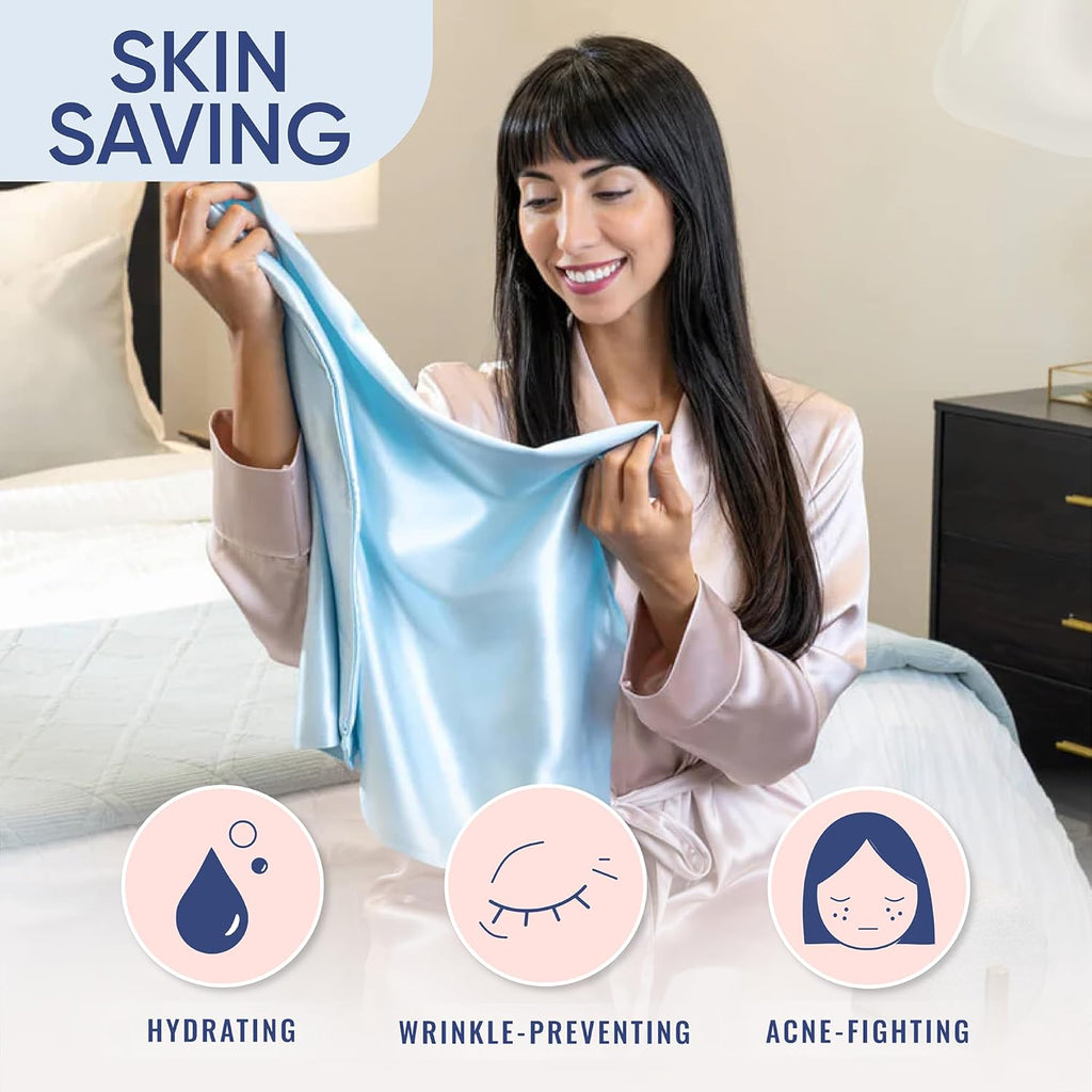 Blissy Silk Pillowcase - 100% Pure Mulberry Silk - 22 Momme 6A High-Grade Fibers - Silk Pillow Cover for Hair & Skin - Regular, Queen & King (Sky Blue, Queen)