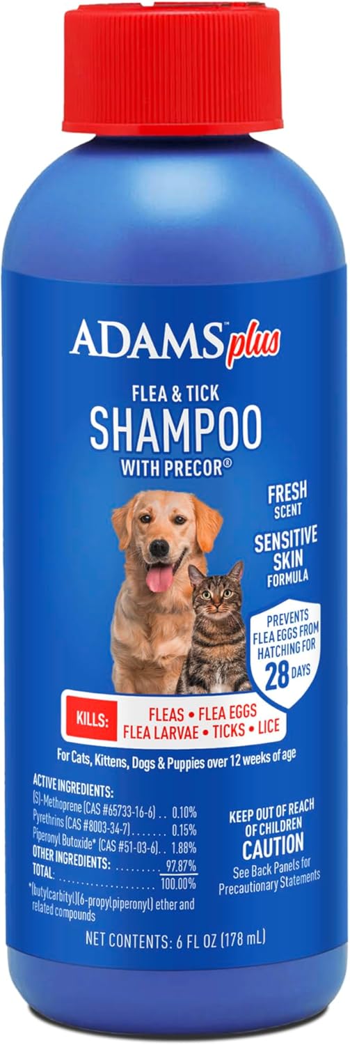 Adams Plus Flea & Tick Shampoo with Precor for Cats, Kittens, Dogs & Puppies Over 12 Weeks Of Age |Sensitive Skin Flea Treatment for Dogs & Cats |Kills Adult Fleas, Flea Eggs, Ticks, and Lice |6 Oz