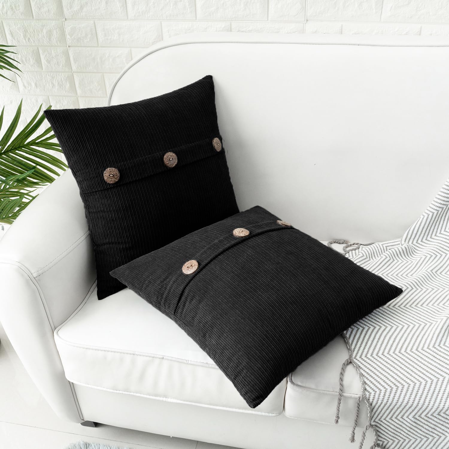HWY 50 Black Chenille Throw Pillow Covers 20x20 Inch with Triple Buttons, Soft Farmhouse Accent Decorative Cushion Cases for Couch Sofa Bed Living Room Pack of 2