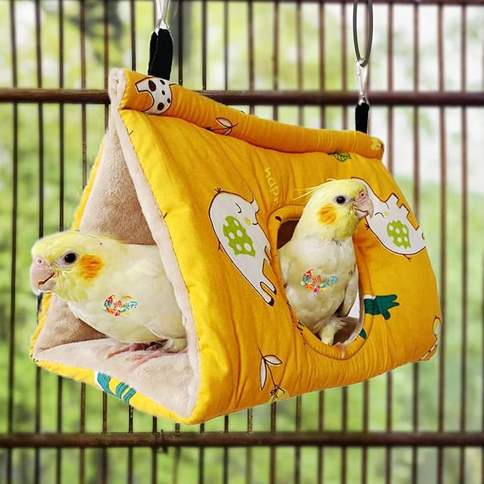 Rypet Winter Warm Bird Nest House - Hanging Hammock Velvet Shed Hut Cage Plush Fluffy Birds Hideaway Sleeping Bed Fuzzy for African Grey Cockatoo and Other Amazon Parrot Large（Yellow）