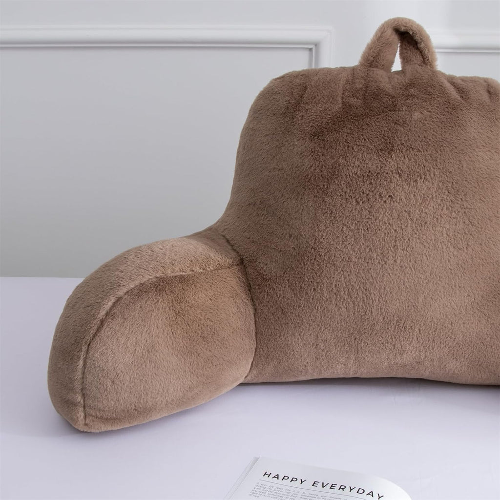 Aimuan Reading Pillow Bed Rest Pillow with Arms Rabbit Fur Cushion for Adults Teens Incline Rest Sitting up & Sleeping Snoring Pillow with Pregnancy Lumbar Back Support (Standard, Khaki)