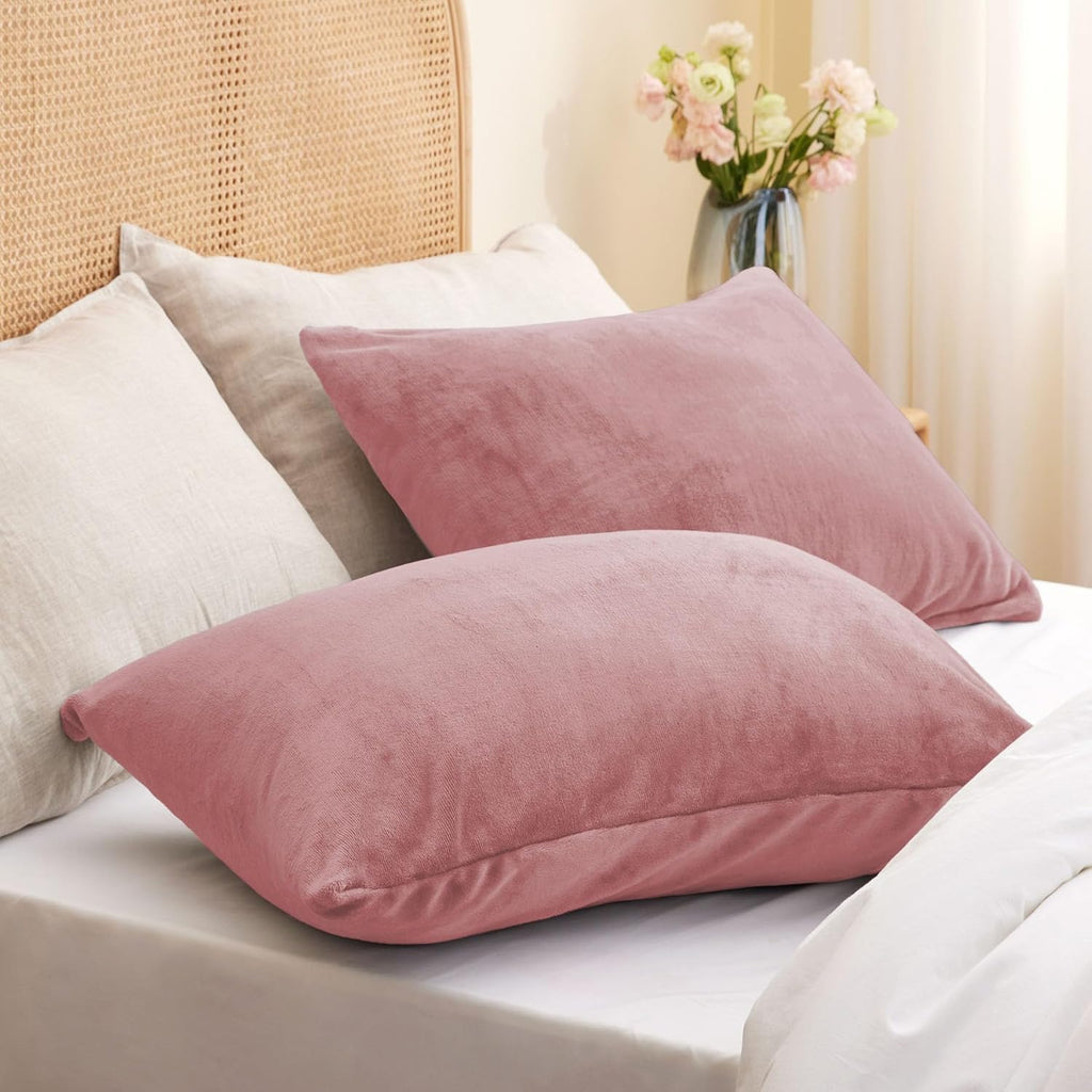 BEDELITE Flannel King Size Pillow Cases Set of 2, Super Soft Fleece Pillowcases with Zipper for Bedroom, Sofa, Couch,Luxury Cozy Fuzzy Velvet Pillow Shams for All Seasons(20x36 Inches,Dusty Pink)