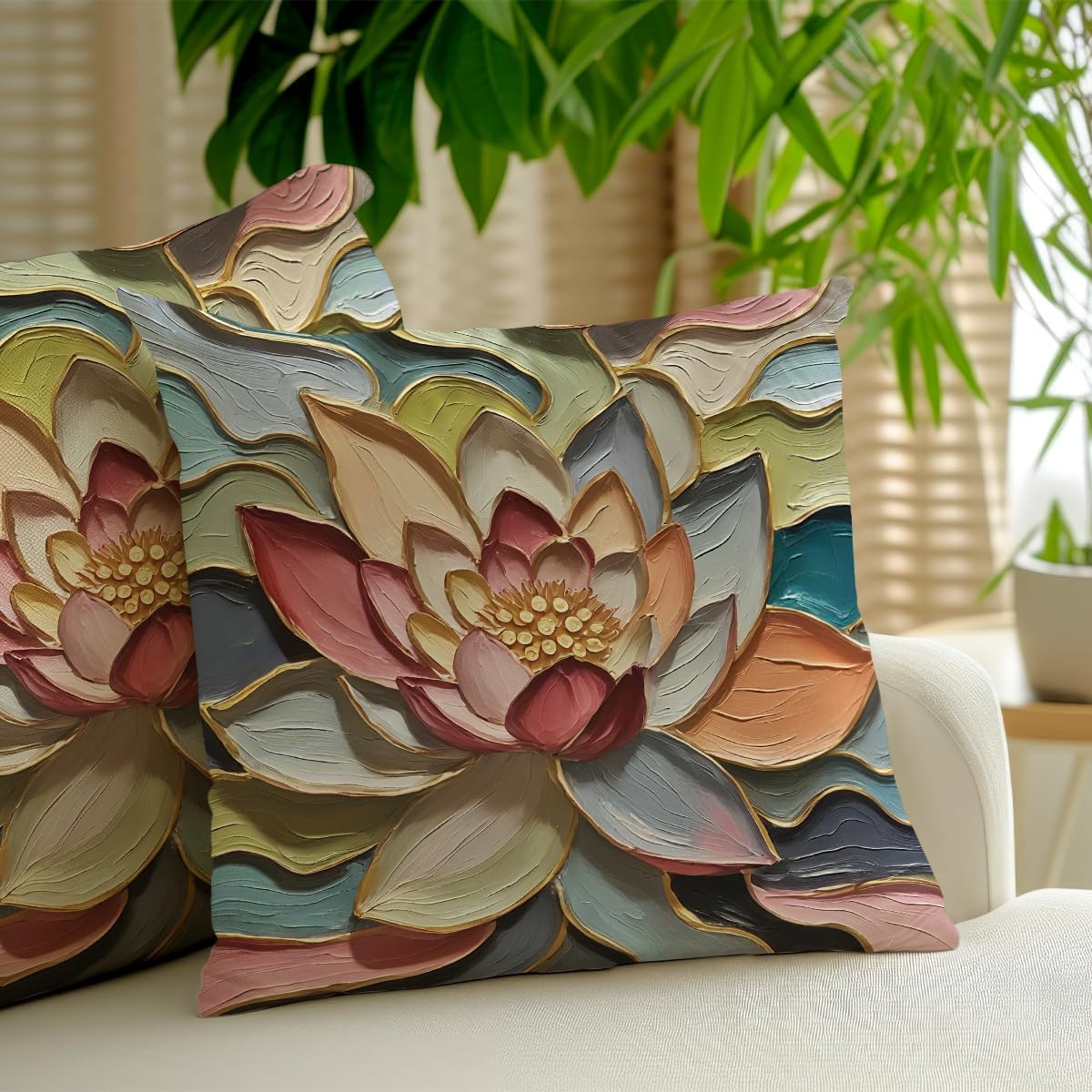 2 Pcs Oil Painting Lotus Floral Art Throw Pillow Covers, Lotus Oil Painting Art Retro Decorative Square Pillow Cases for Couch Sofa Bed Bedroom Apartment Dorm Living Room Office Home Decor