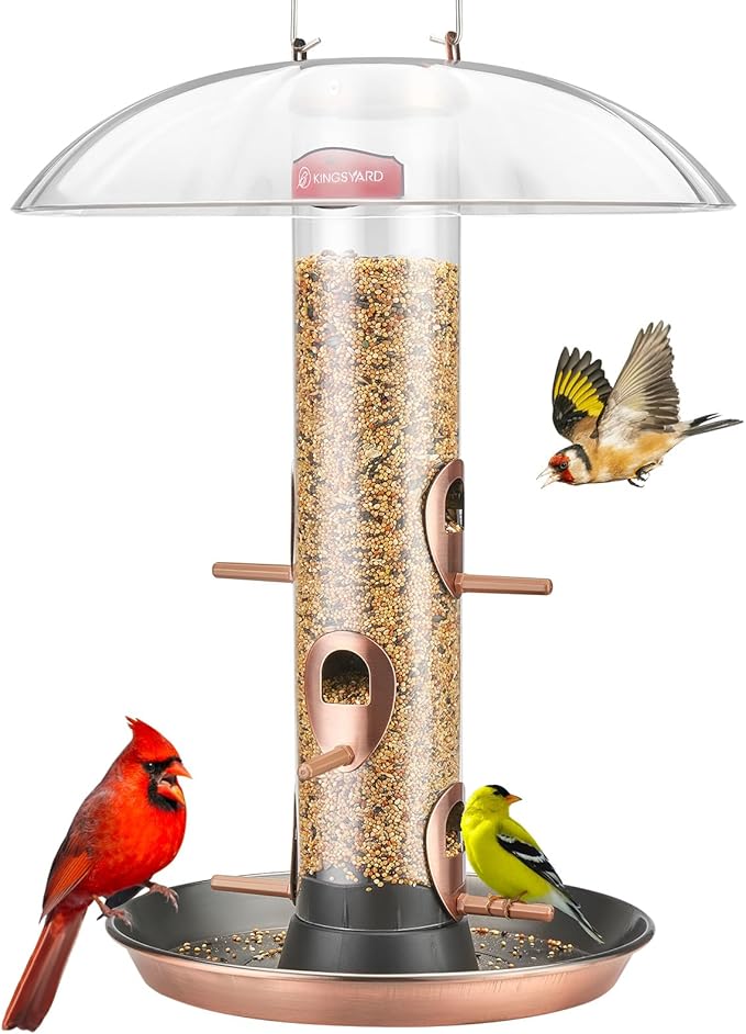 Kingsyard Metal Bird Feeders for Outdoors Hanging, Wild Bird Feeder for Finch Cardinal, Large Tray and Rainproof Dome, 2 lbs Seeds Capacity (Antique Copper)