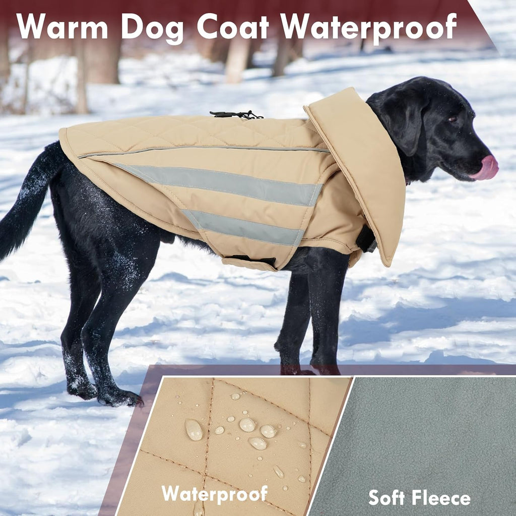 Dog Winter Coat Waterproof Dog Jacket with Harness Hole Reflective Windproof Fleece Snowsuit Turtleneck Hook & Loop Cold Weather Coats for Large Dogs Great Dane Doberman, Khaki 4XL