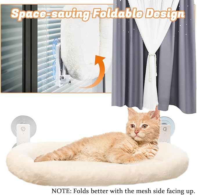Extra Large Cat Window Perch (23.8×11.8in) - Washable 2-Season Fabric Cover, 4 Strong Suction Cups, Solid Metal Frame - Foldable Cat Hammock for Large Cats/2 Cats, Cordless Design (White)