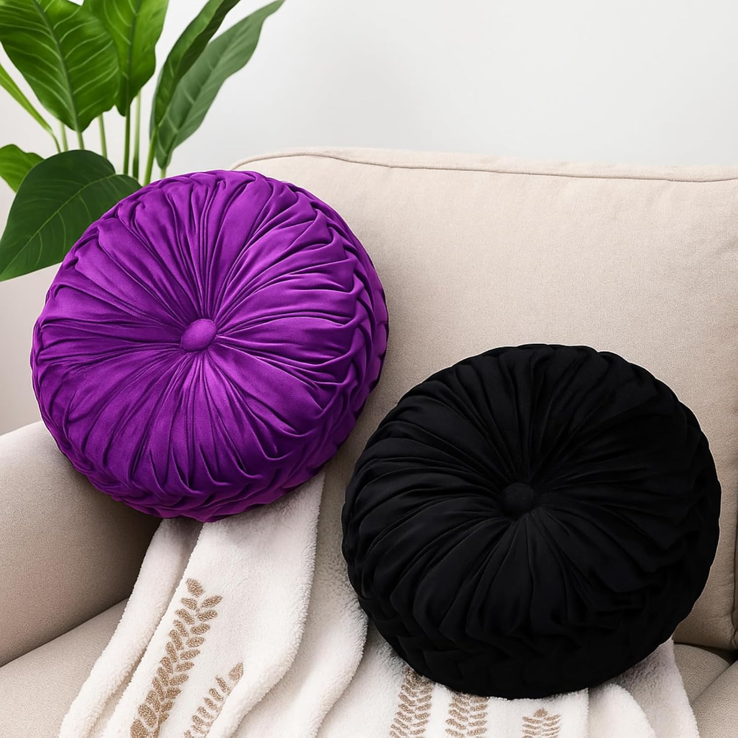 2 Pcs Round Throw Pillows 15 Inch Decorative Velvet Pleated Pumpkin Floor Boho Pillows for Living Room Couch Chair Bed Sofa (Black and Purple)