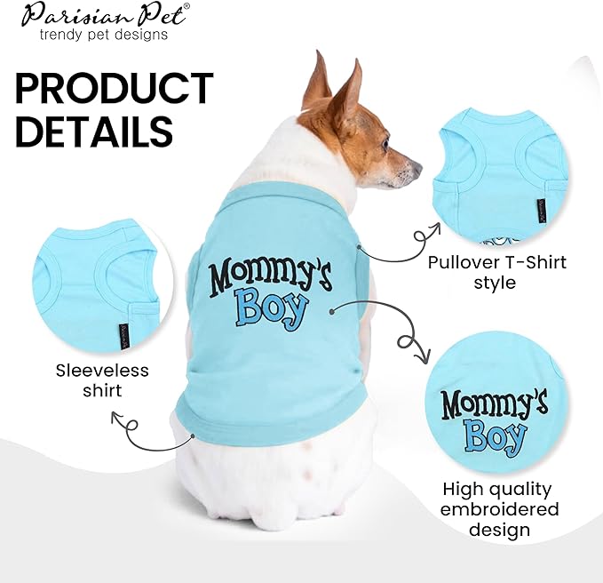 Parisian Pet Dog T-Shirt with Embroidered 'Mommy’s Boy' Words - 100% Cotton Boy Dog Shirts - Breathable Mamas Boy Dog Shirt - Machine Washable Dog Clothes for Medium-Sized Dogs, M