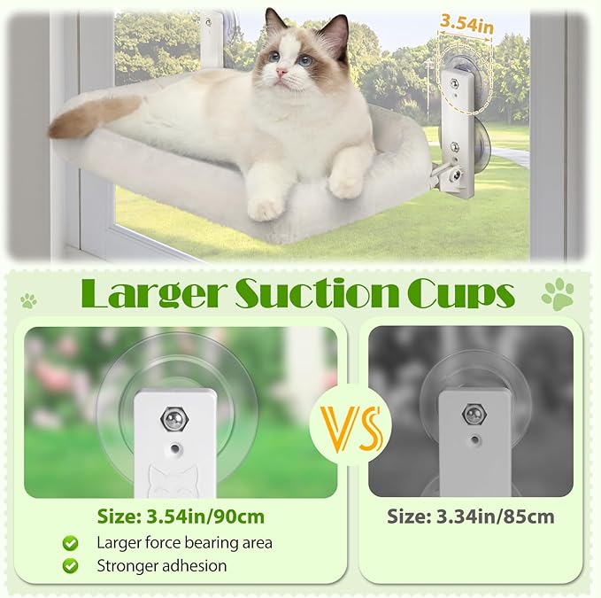 keny Cat Window Perch with Soft Plush Cushion Bed, Cordless Cat Window Hammock with 3.54" Larger Suction Cups, Easy to Assemble Cat Window Bed Seat for Indoor Cats, White
