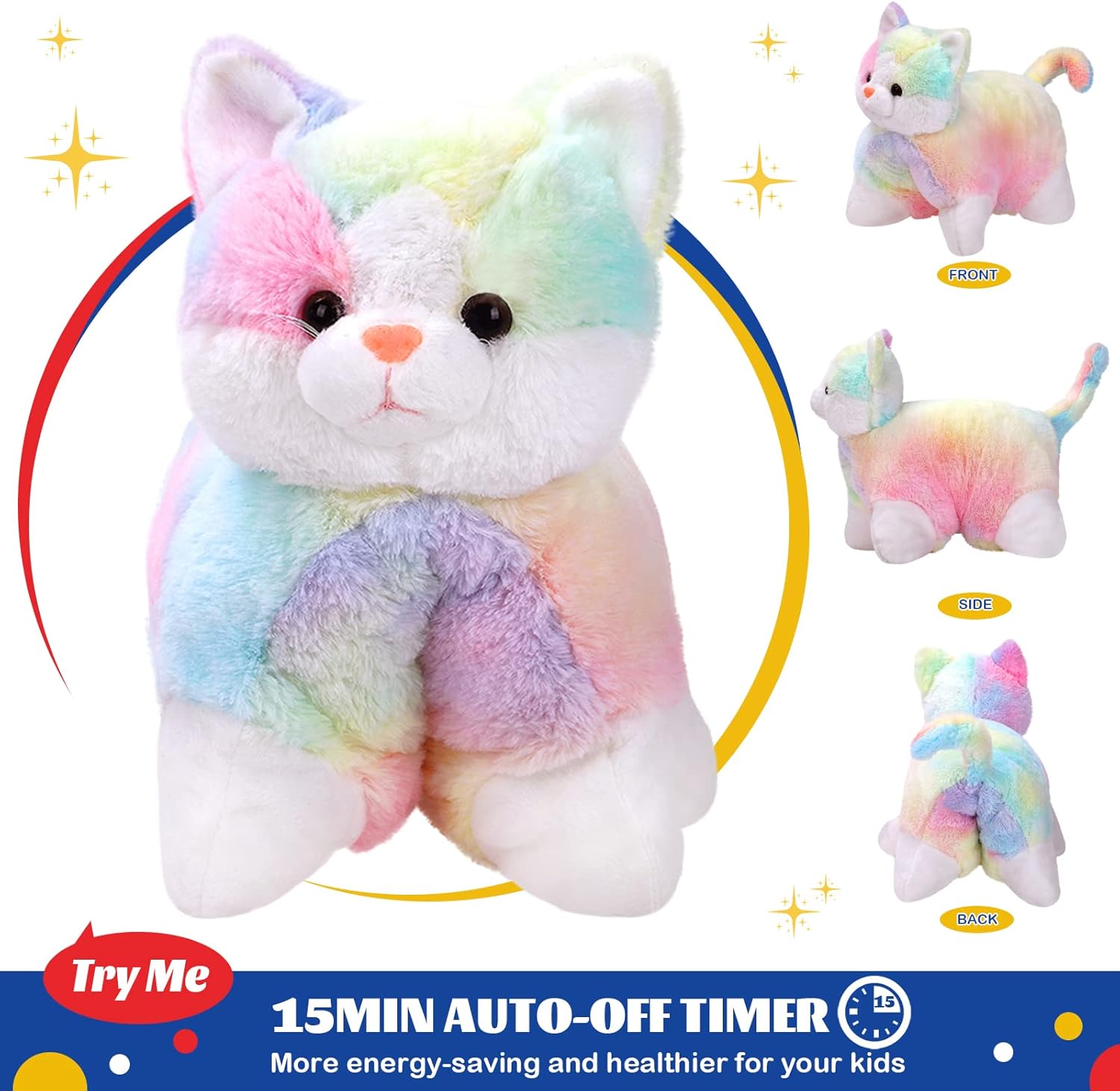 Glow Guards 16" Light Up Musical Rainbow Cat Stuffed Animal Glowing Colorful Cute Soft Kitty Plush Toy Pillow Sofa Decors Christmas Children's Day Birthday Gifts for Toddlers Kids
