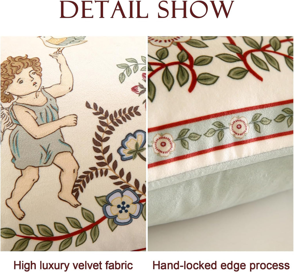 Throw Pillow Covers,Green Cozy Velvet Farmhouse with Angles and Floral Pattern Pillowcases,Decoration Lumbar Pillows Cushion Covers for Couch Sofa Bed Car Chair,12"x20"