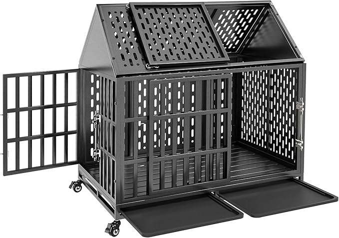 42 Inch Heavy Duty Dog Crate with Self-Locking Latch for High Anxiety Dogs, Indestructible Large Kennel Indoor with Pointed Roof, Removable Trays and Lockable Wheels, Chew Proof Cage