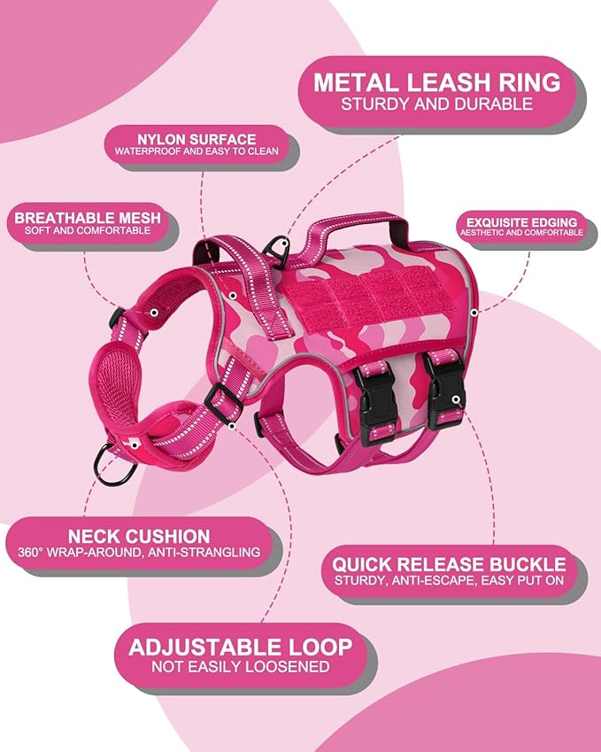Tactical Dog Harness Medium Sized, Heavy Duty No Pull Dog Harness with Handle, Easy On and Off Service Dog Vest with Molle System, Reflective Pet Vest for Walking Hiking Training