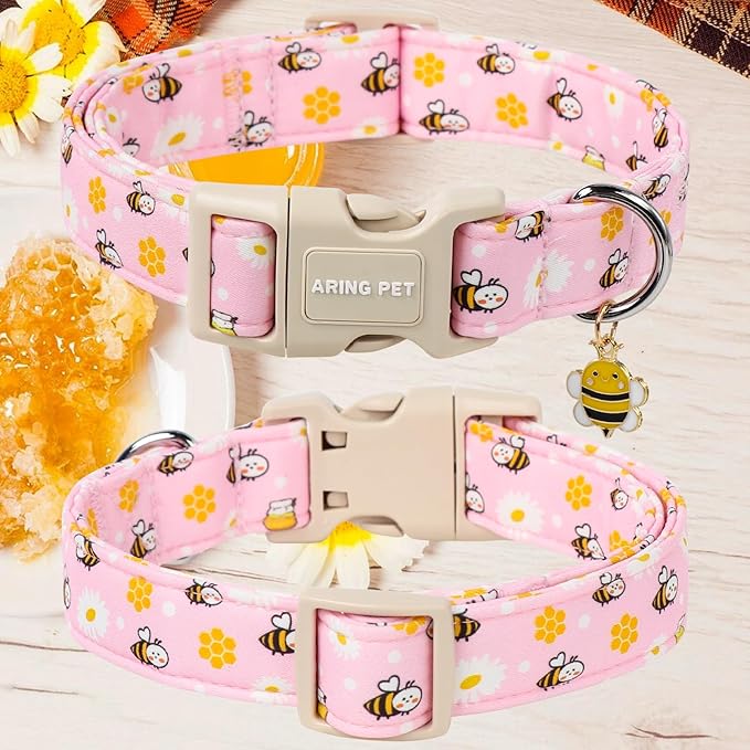 ARING PET Summer Dog Collar, Cute Pink Bee Daisy Floral Pet Collars with Quick Release Buckle for Puppy Small Medium Large Boy Girl Dogs-S