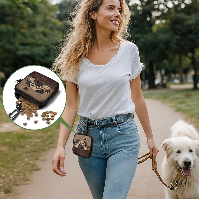 KEIAHUAN Pug Dog Treat Bags Training Pouch Small Dog Treat Pouch for Pet Walking and Training Reusable Pet Treat Container with Clasp for Traveling or Outdoor, Coin Pouch Small, Brown