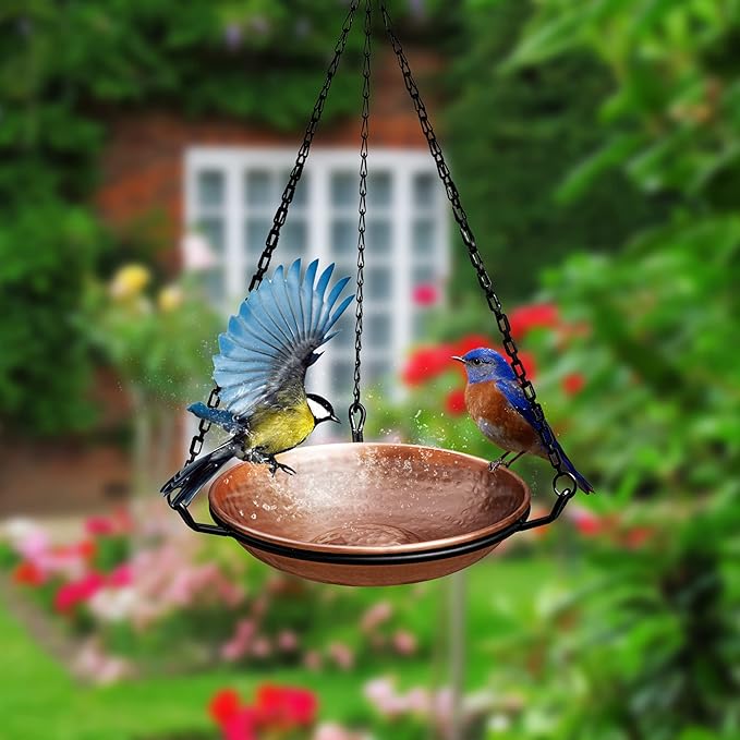 Monarch Abode Pure Copper Hand Hammered Hanging Bird Bath and Feeder w/ Iron Chain, 17-inch Detachable Iron Chain Outdoor Birdbath and Birdfeeder for Garden Backyard Patio & Deck, Bird Water Feeder
