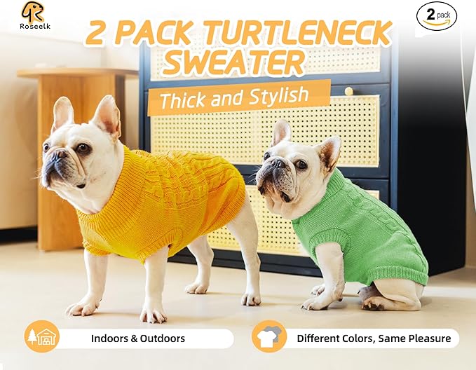 2 Pack Dog Sweaters for Small Dogs - Puppy Medium Warm Clothes in Winter, Turtleneck Pullover Design for Boy Girl Pet, Doggie, Cat, Kitten Chihuahua Bulldog Pug Beagles (XS, Yellow, Green)