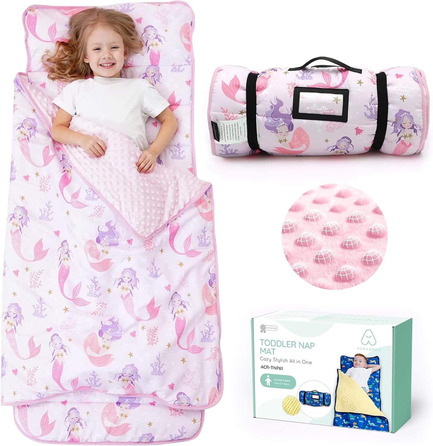 ACRABROS Toddler Nap Mat with Pillow and Blanket, Extra Large Rolled Napping Mats,Slumber Bags for Boys Girls,Kids Sleeping Bag for Daycare, Preschool Travel Camping,Mermaid