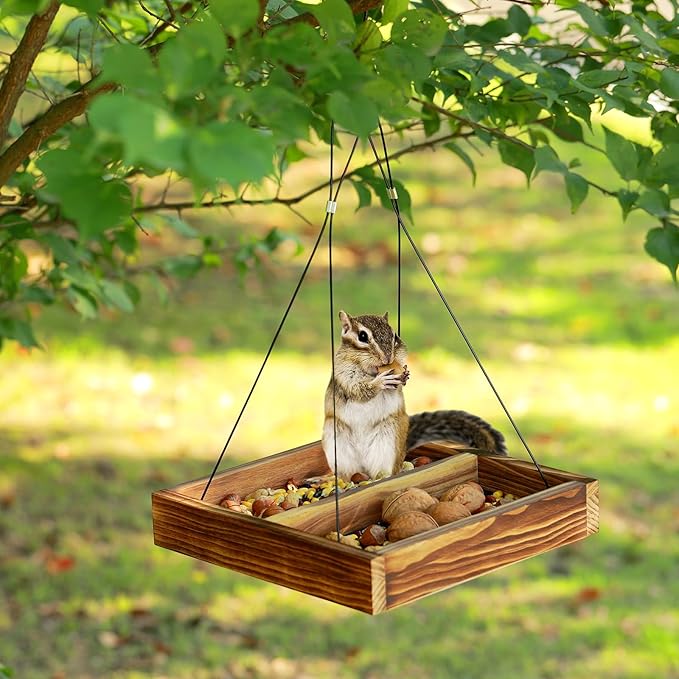 MIXXIDEA Bird Feeder Hanging Tray, Seed Tray Wooden Platform Hummingbird Feeder Hanging Tray Mesh Seed Platform for Garden Yard Outside Decoration Attracting for Wild Birds(Brown-1pk)