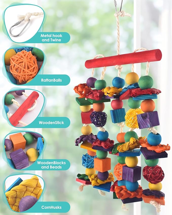 Bird Toys, 2PCS Parrot Foraging Hanging Toy, Multicolored Natural Wooden Blocks Parakeet Chewing Toys mit Rattan Wicker Balls, for Medium Small Cockatoos Budgie Lovebird Cockatiel Conure