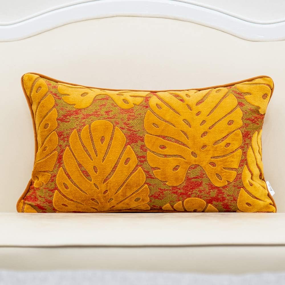 Alerfa 12 x 20 Inch Rectangle Leaf Pillow Embroidery Cut Velvet Cushion Case Luxury Modern Lumbar Throw Pillow Cover Decorative Pillow for Couch Sofa Living Room Bedroom Car, Orange