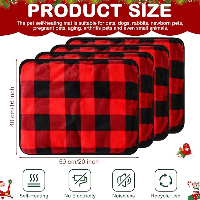 4 Pack Self Heating Cat Bed Cat Self Warming Pad with Removable Cover Extra Warm Thermal Pet Pad Washable Pet Crate Mat Anti Slip Kennel for Indoor Outdoor Pets (Buffalo Plaid,16 x 20 Inches)