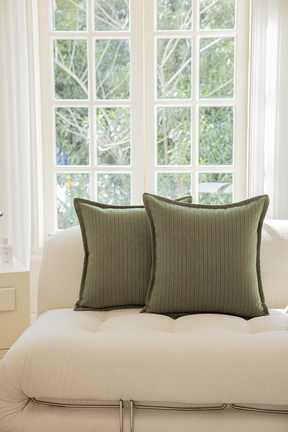 Set of 2 Cozy Striped Herringbone Flange Throw Pillow Covers, Aesthetic Embossed Pattern Pillow Covers for Couch and Bed - 16"x16", Sage Green