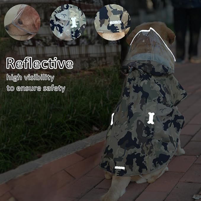 Waterproof Dog Raincoat, Adjustable Reflective Lightweight Pet Rain Clothes with Poncho Hood(Medium,Camo)