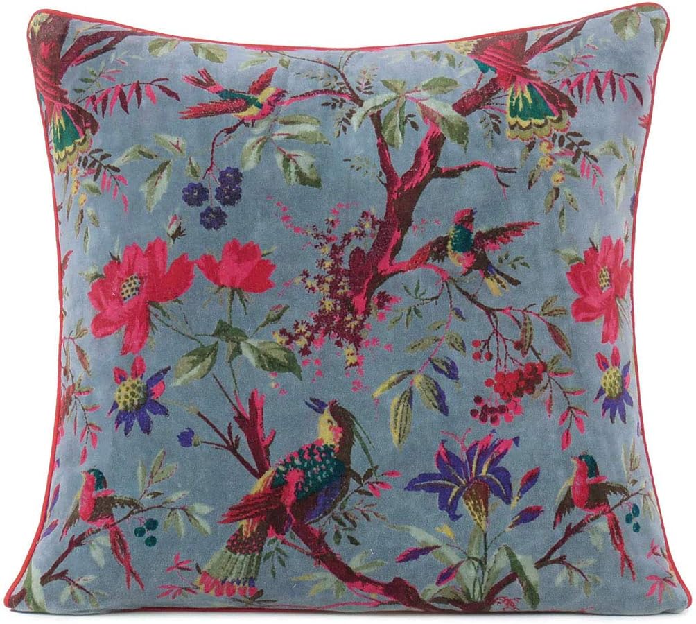 Eyes of India Velvet Floral Flower Bird Throw Pillow Sofa Cushion Cover Case Couch Colorful Boho Chic Bohemian Accent Indian Handmade (Gray, 16" x 16")